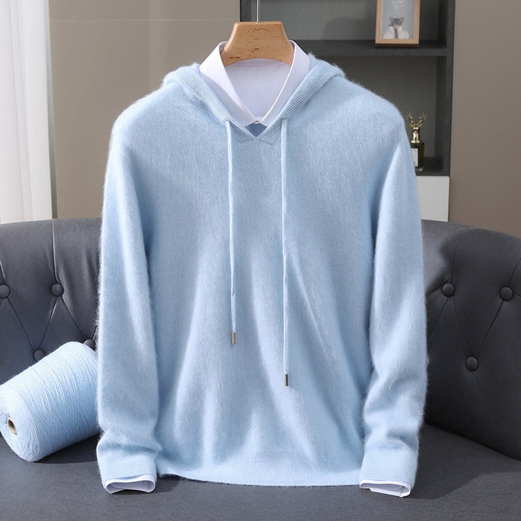 Men's Cashmere Hooded Pullover Sweater Soft Knit Hoodie - Blue