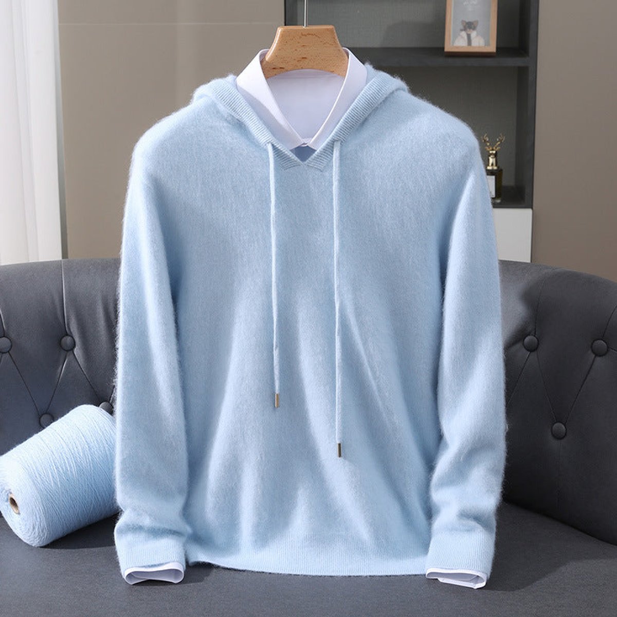 Men's Cashmere Hooded Pullover Sweater Soft Knit Hoodie - Blue