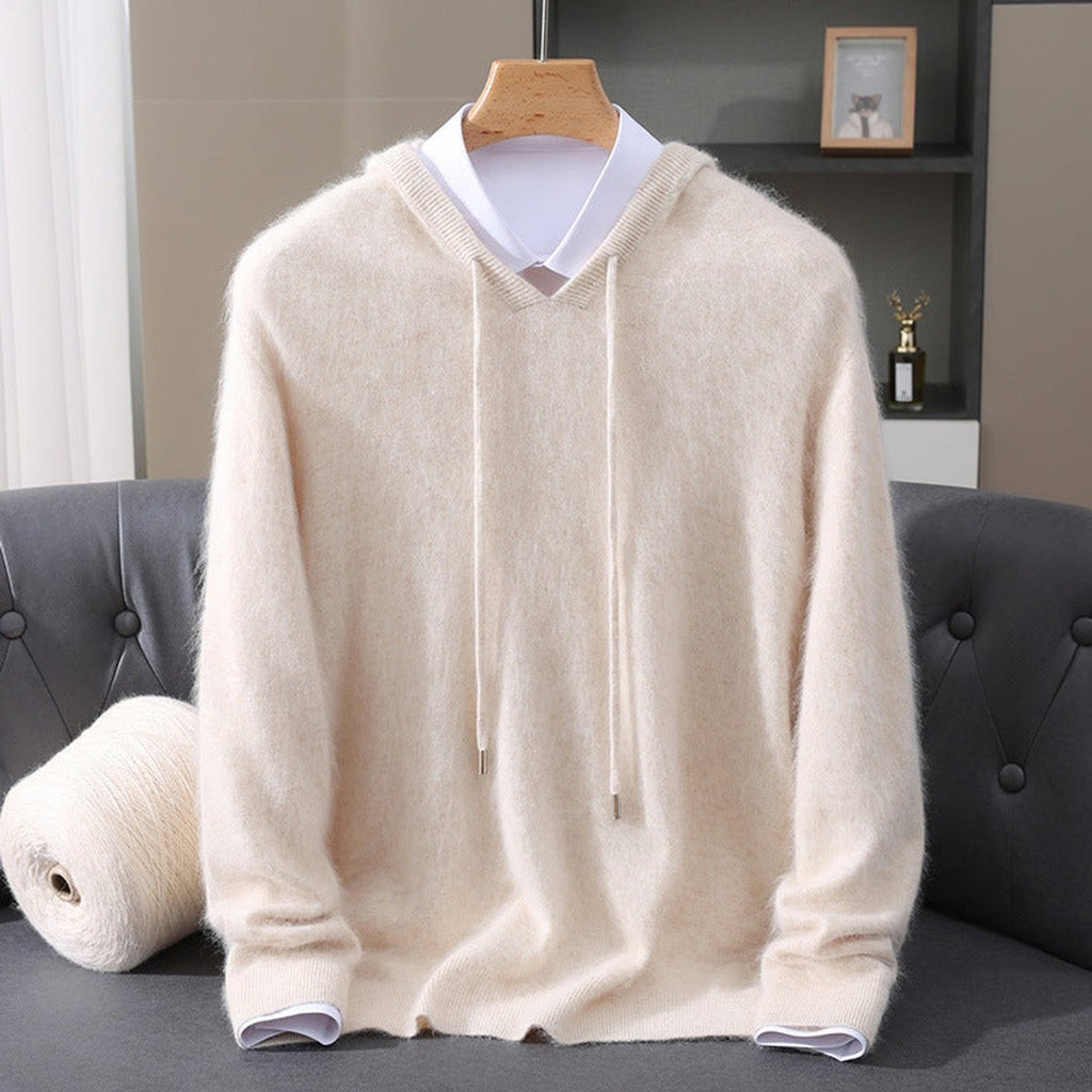 Men's Cashmere Hooded Pullover Sweater Soft Knit Hoodie - Cream