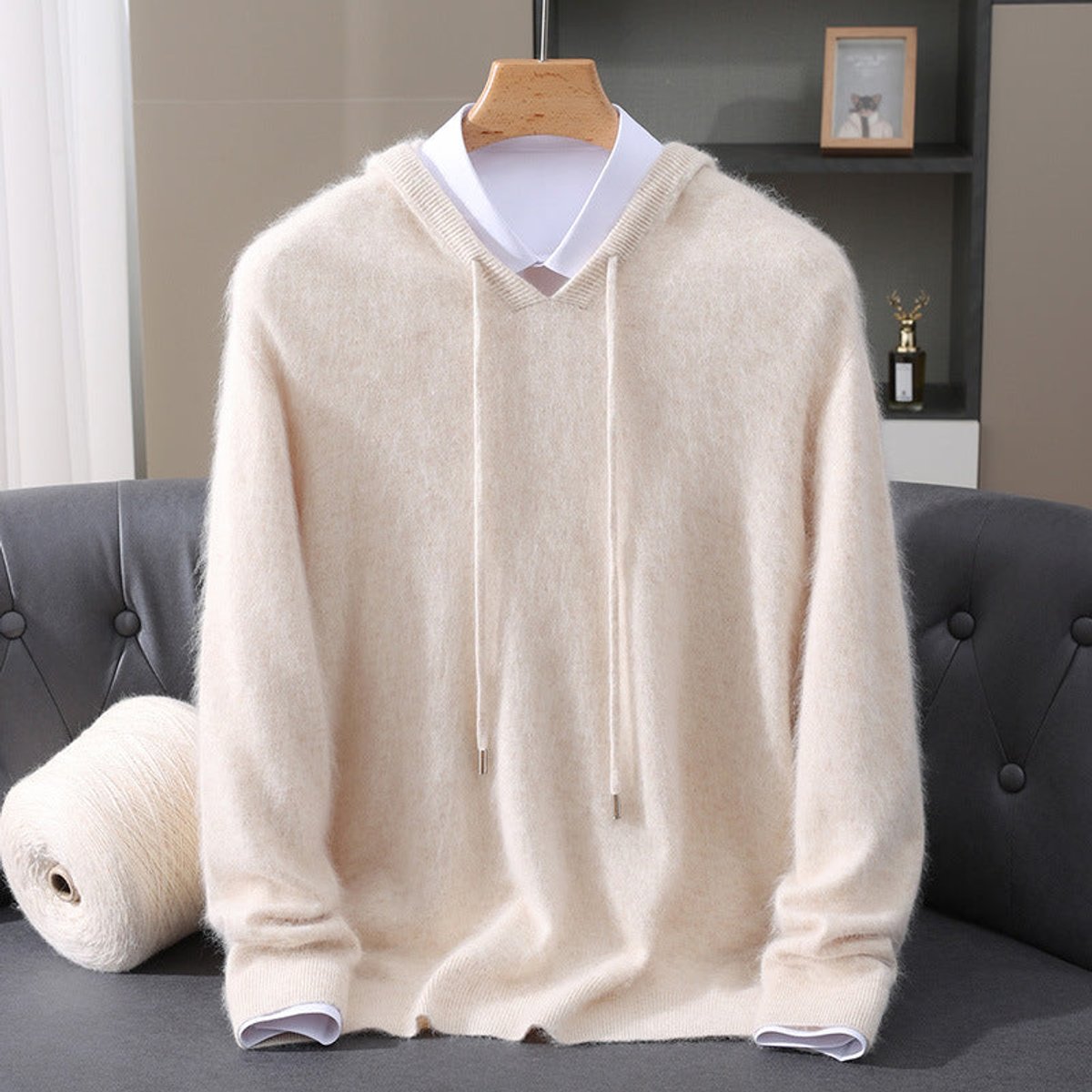 Men's Cashmere Hooded Pullover Sweater Soft Knit Hoodie - Cream