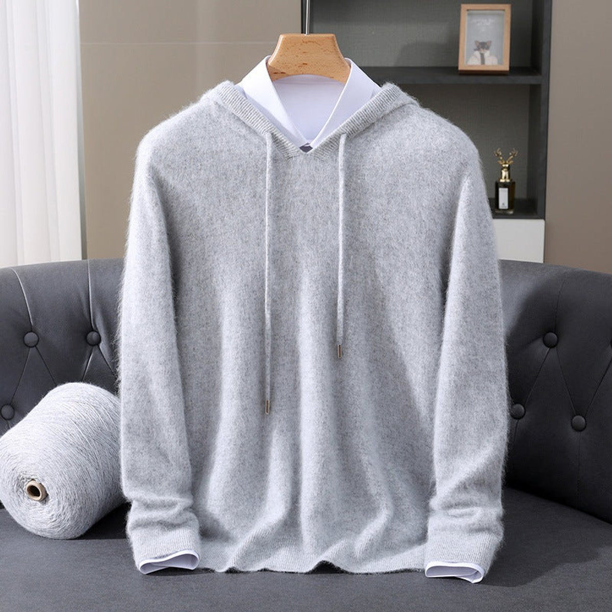 Men's Cashmere Hooded Pullover Sweater Soft Knit Hoodie - Gray