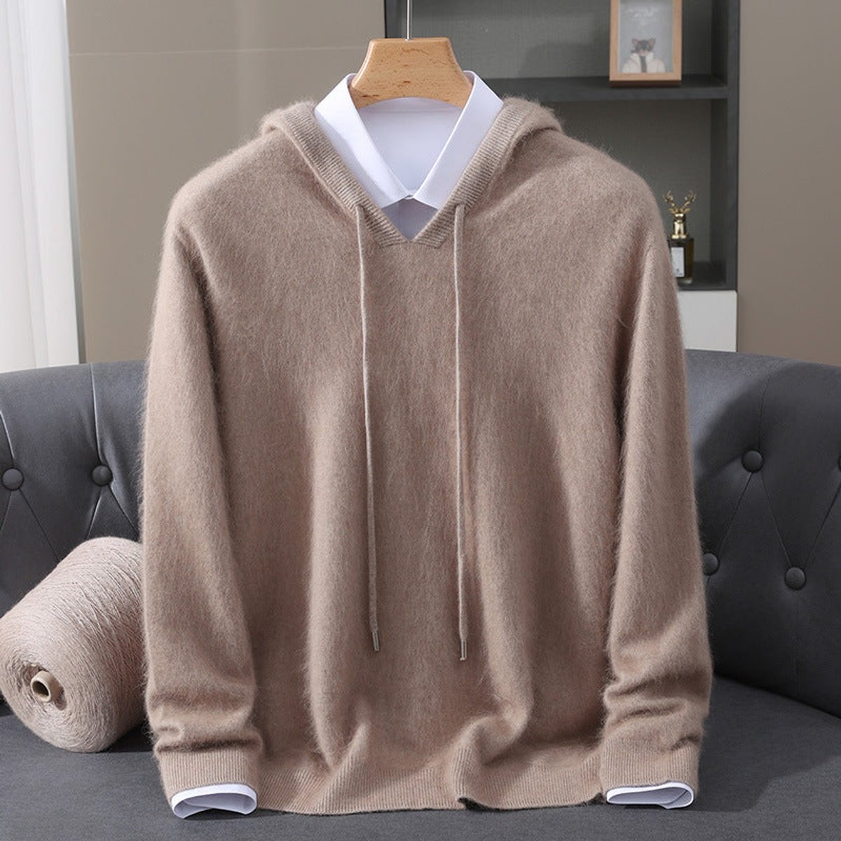 Men's Cashmere Hooded Pullover Sweater Soft Knit Hoodie - Camel