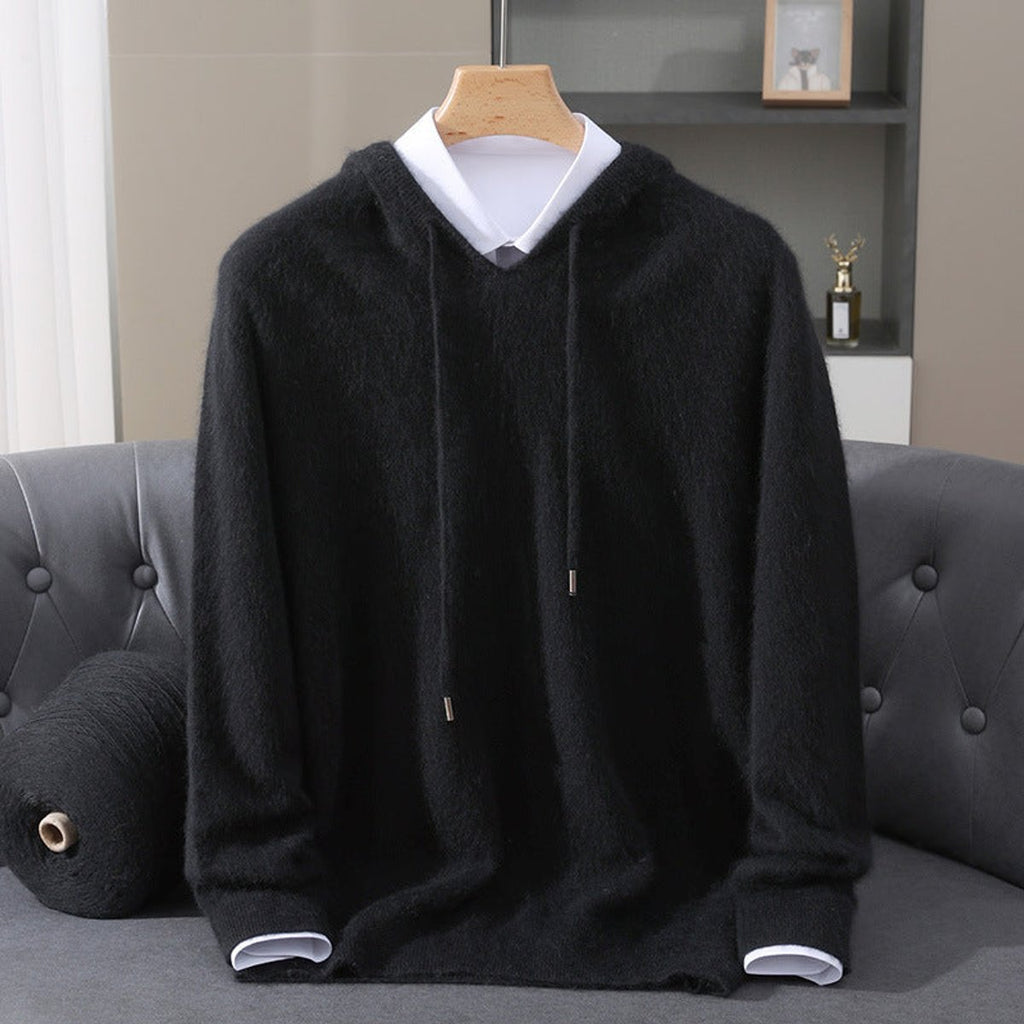 Men's Cashmere Hooded Pullover Sweater Soft Knit Hoodie - Black