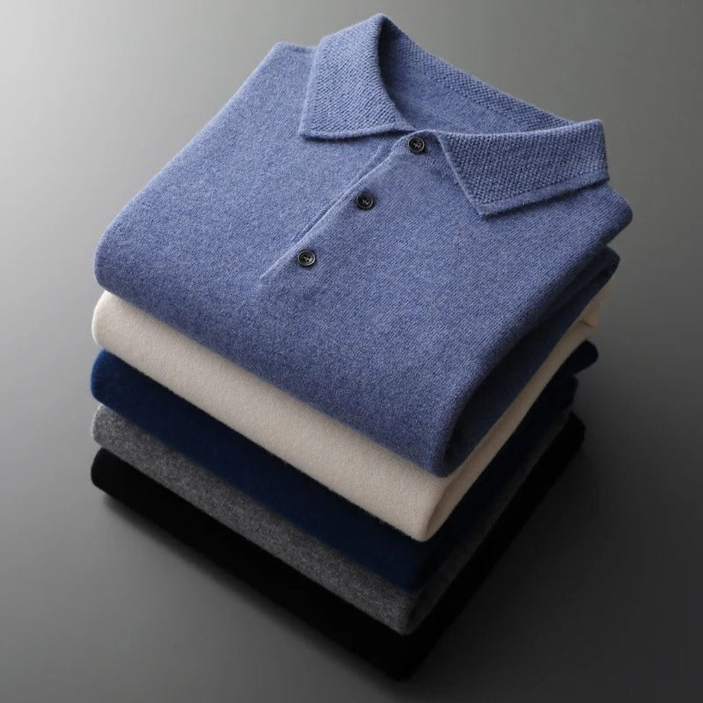 Men's Cashmere Polo Knit Sweater Long Sleeve Button Collar Pullover