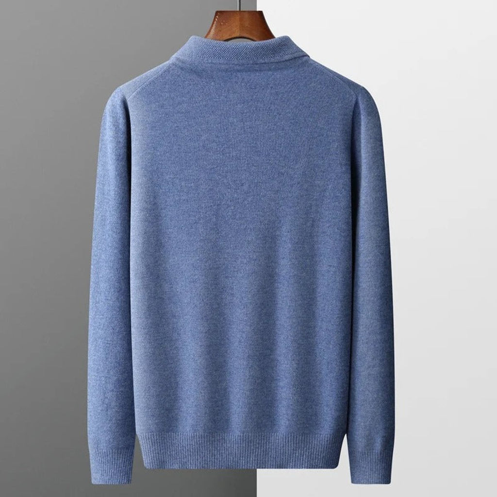 Men's Cashmere Polo Knit Sweater Long Sleeve Button Collar Pullover