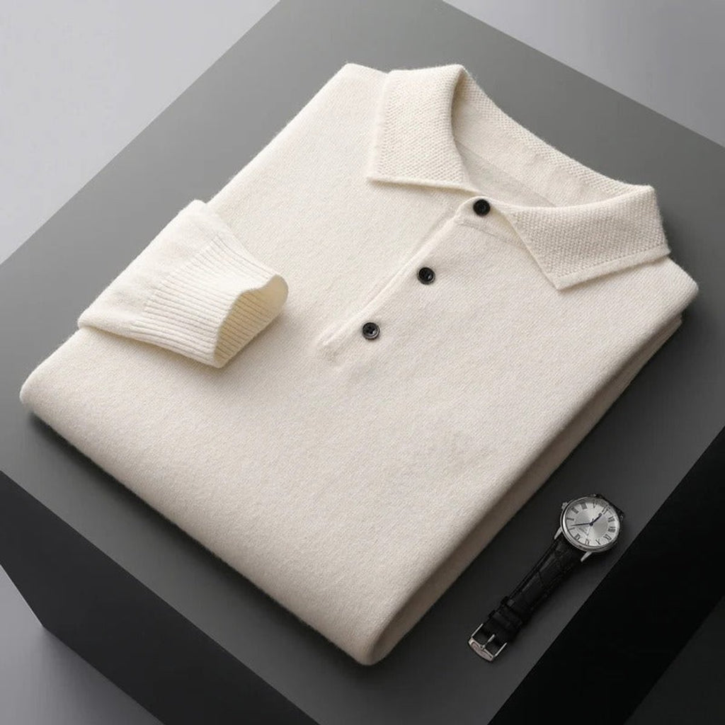 Men's Cashmere Polo Knit Sweater Long Sleeve Button Collar Pullover - White