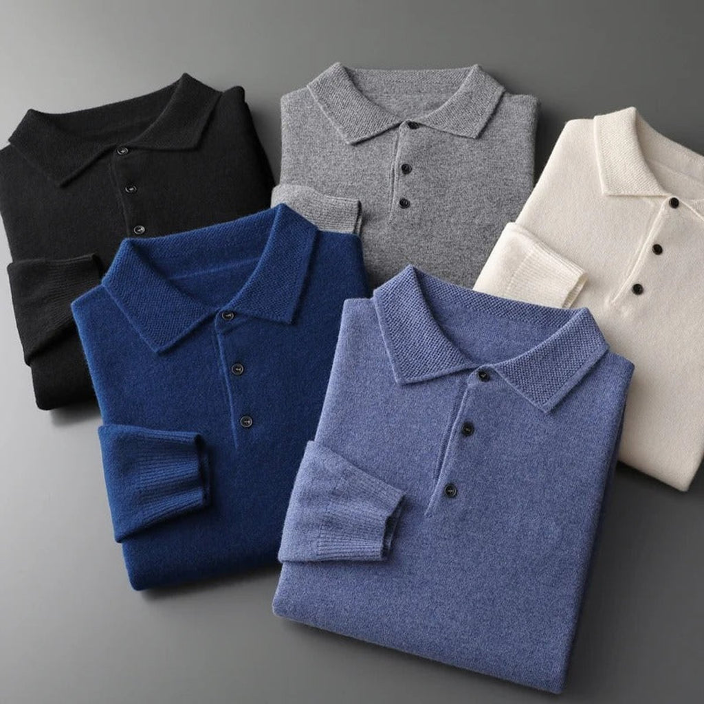 Men's Cashmere Polo Knit Sweater Long Sleeve Button Collar Pullover