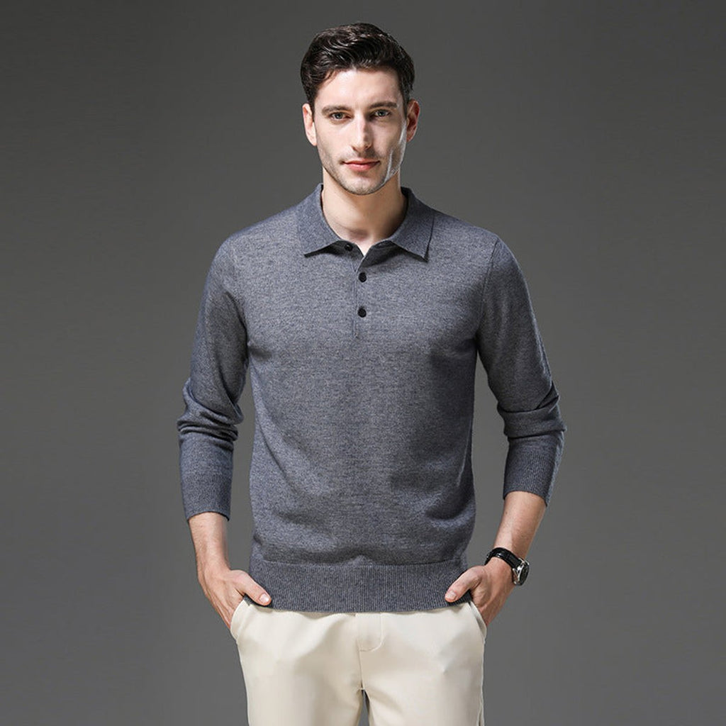 Men's Cashmere Polo Knit Sweater Long Sleeve Button Collar Pullover