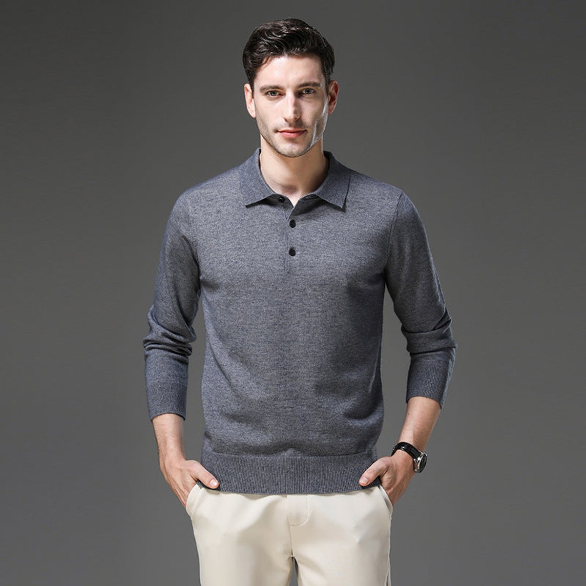 Men's Cashmere Polo Knit Sweater Long Sleeve Button Collar Pullover