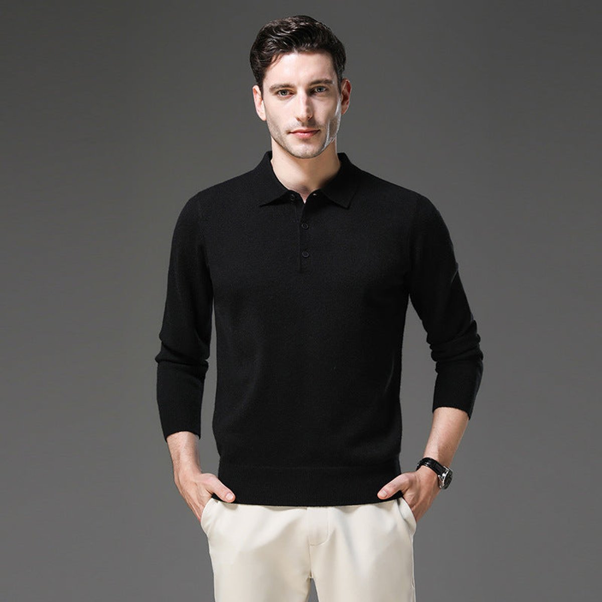 Men's Cashmere Polo Knit Sweater Long Sleeve Button Collar Pullover