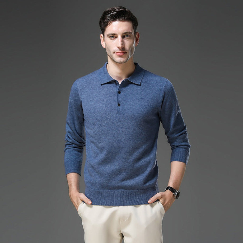 Men's Cashmere Polo Knit Sweater Long Sleeve Button Collar Pullover