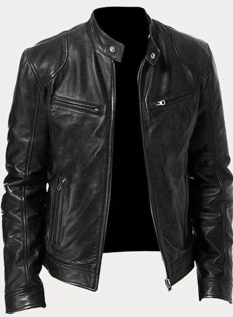 Men's Classic Moto-Inspired Zip-Up Leather Style Jacket - Black