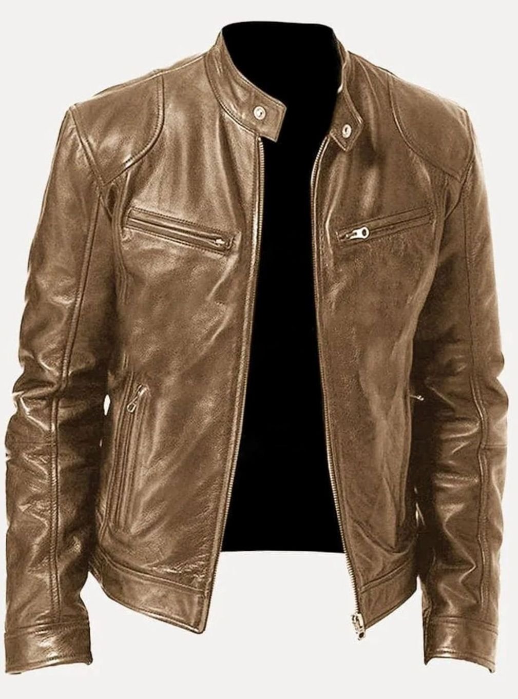 Men's Classic Moto-Inspired Zip-Up Leather Style Jacket - Beige