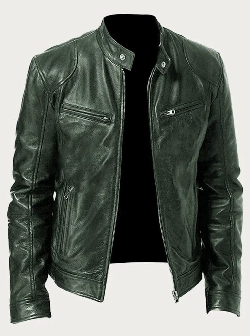 Men's Classic Moto-Inspired Zip-Up Leather Style Jacket - Green