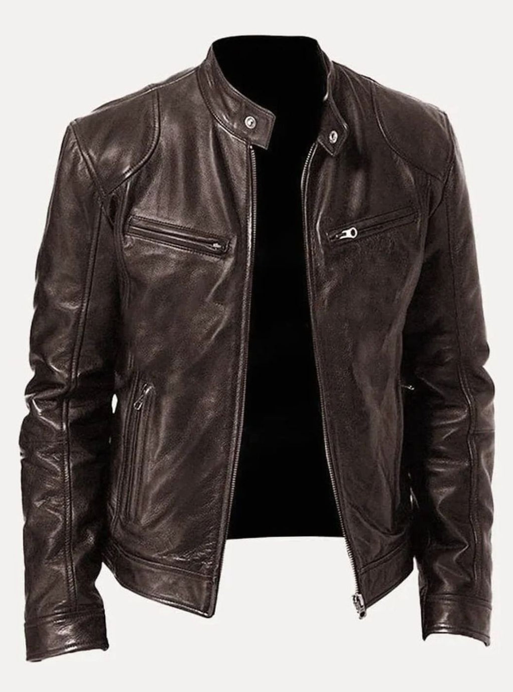 Men's Classic Moto-Inspired Zip-Up Leather Style Jacket - Brown