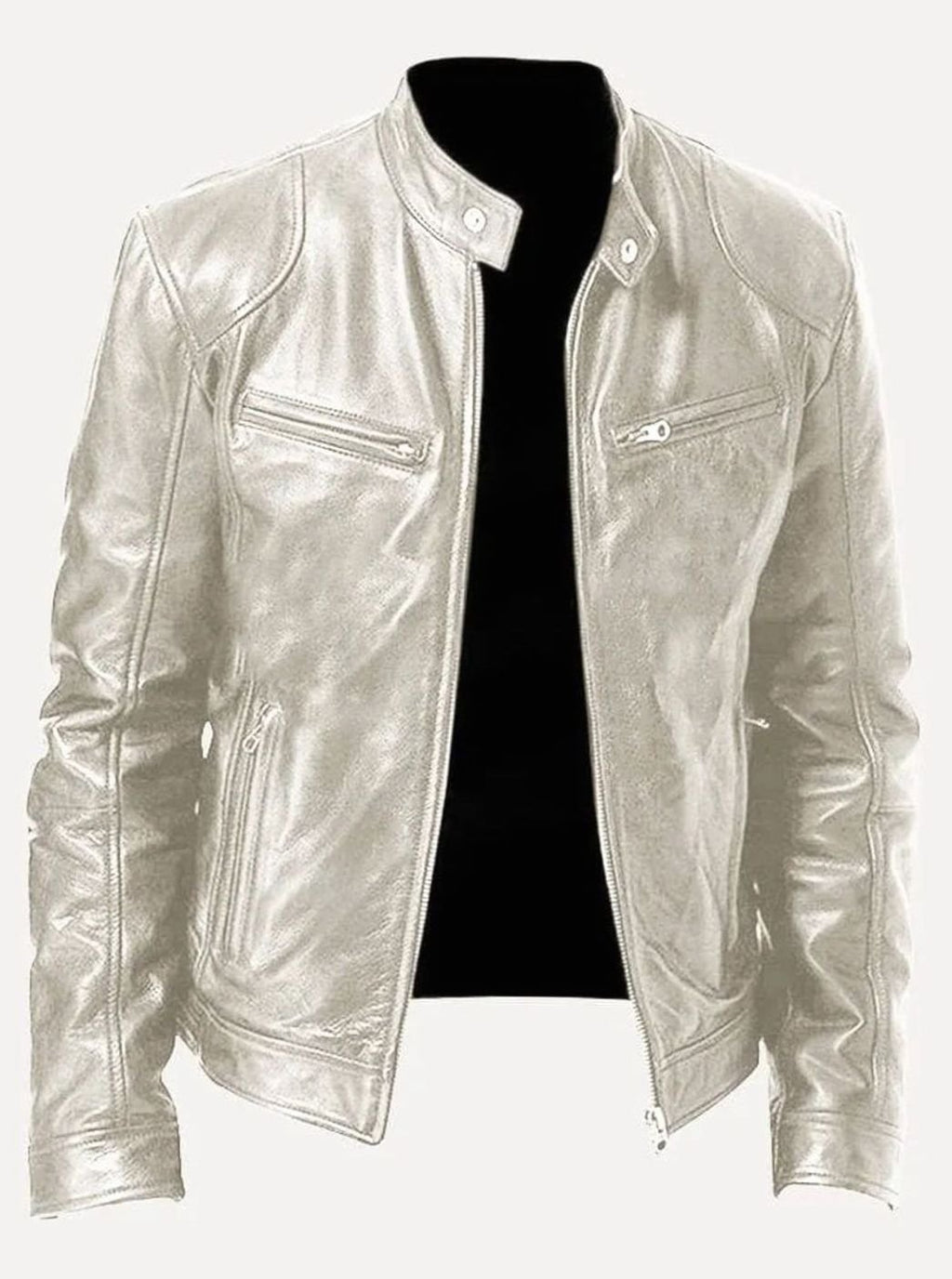Men's Classic Moto-Inspired Zip-Up Leather Style Jacket - Silver