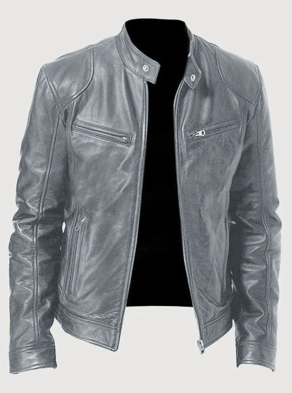 Men's Classic Moto-Inspired Zip-Up Leather Style Jacket - Gray