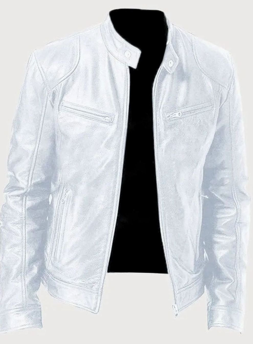 Men's Classic Moto-Inspired Zip-Up Leather Style Jacket - White