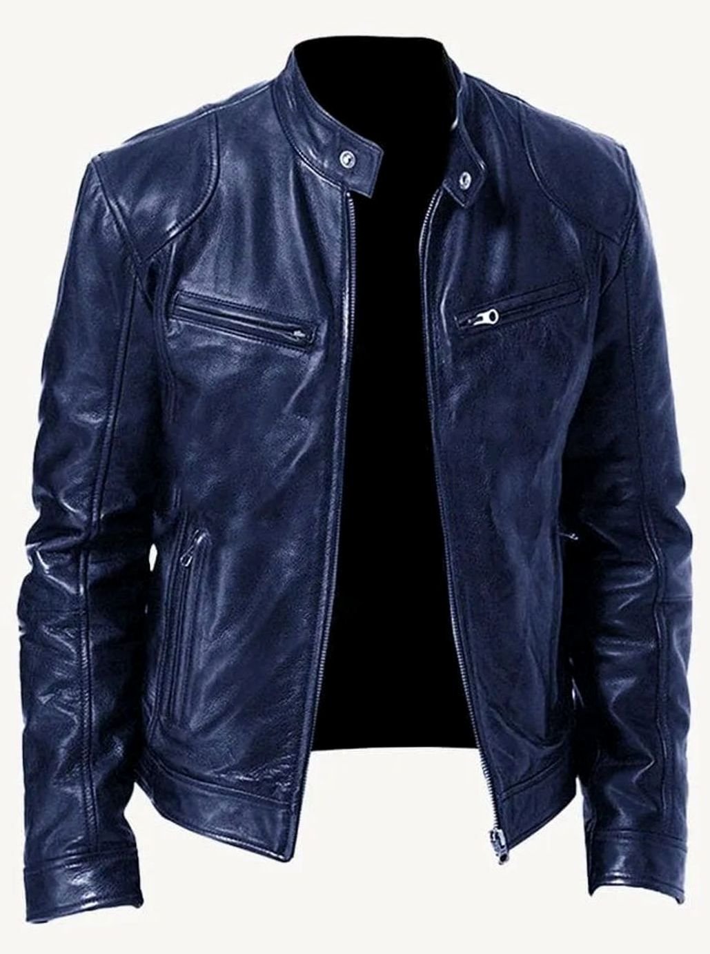 Men's Classic Moto-Inspired Zip-Up Leather Style Jacket - Navy