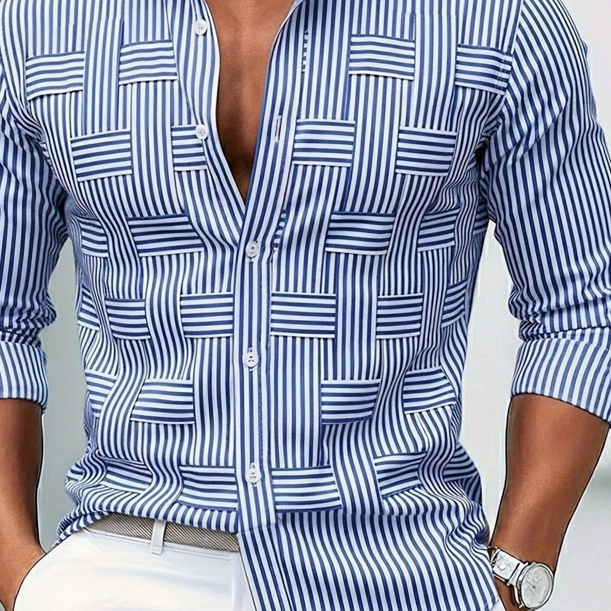 Men's Classic Striped Button-Down Long Sleeve Shirt - Sky Blue