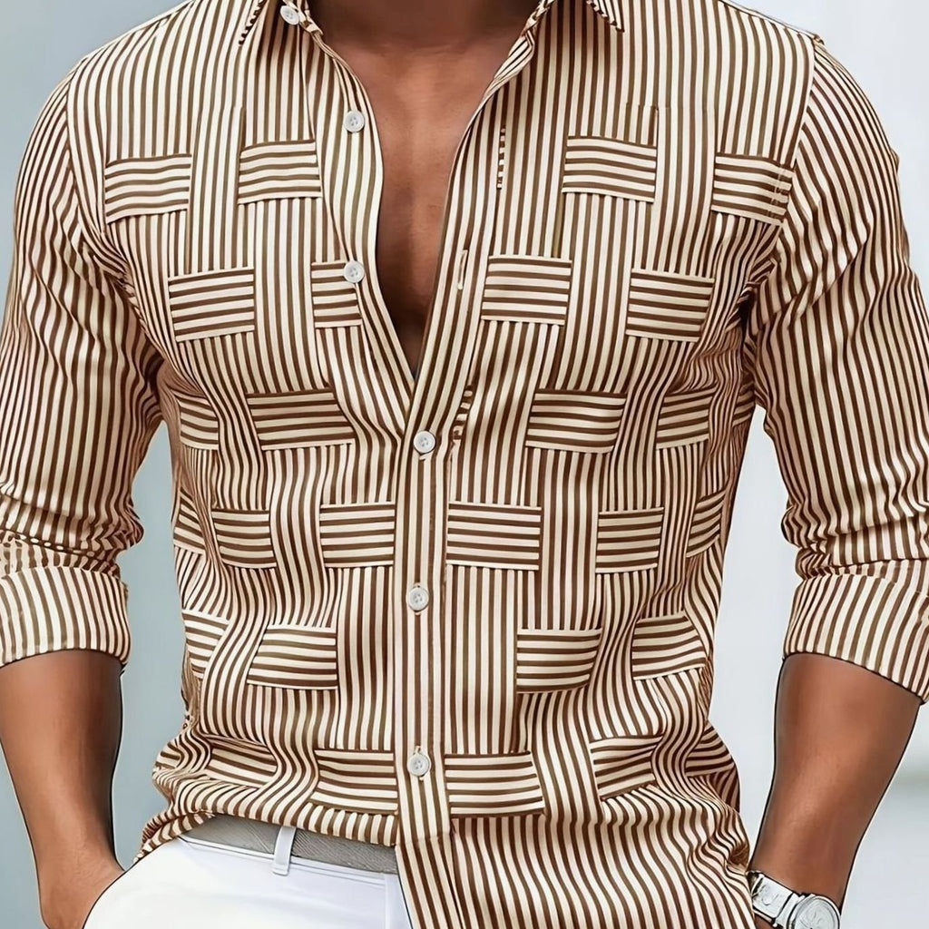 Men's Classic Striped Button-Down Long Sleeve Shirt - Khaki