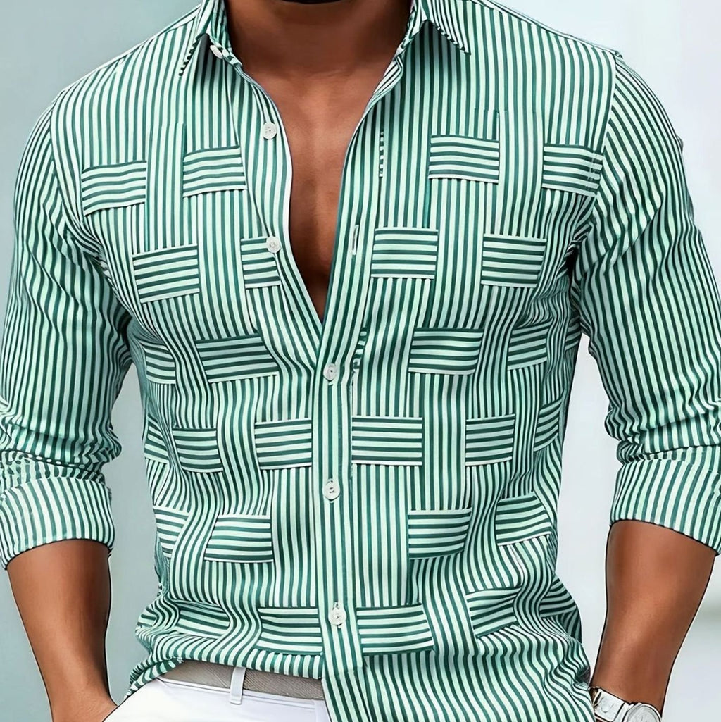 Men's Classic Striped Button-Down Long Sleeve Shirt - Green