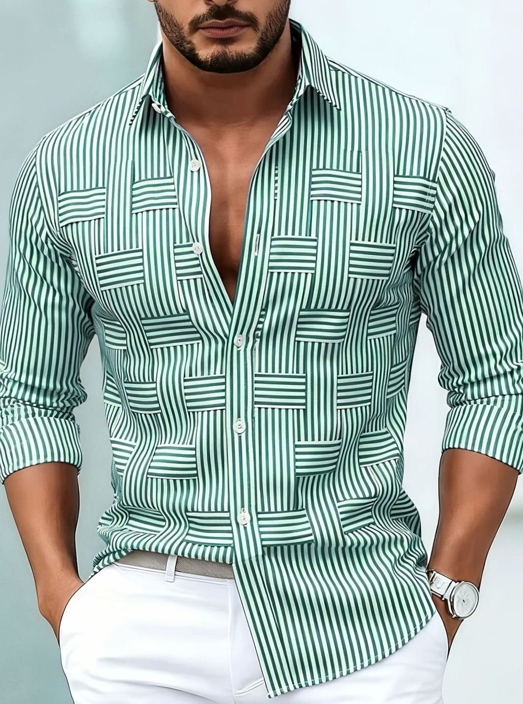 Men's Classic Striped Button-Down Long Sleeve Shirt