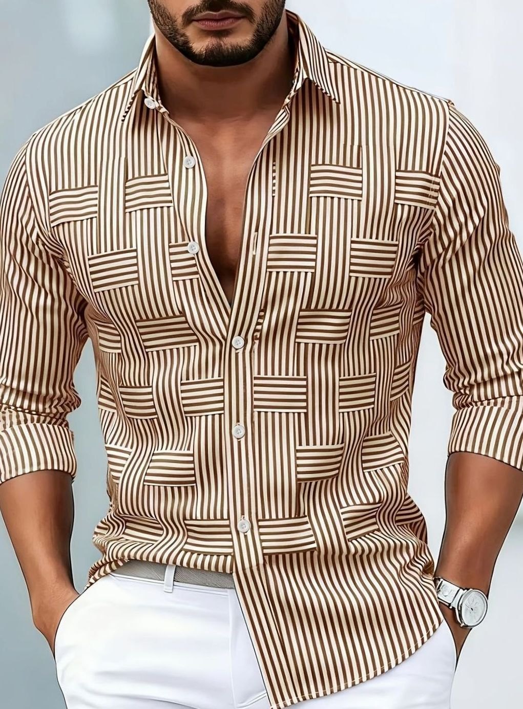 Men's Classic Striped Button-Down Long Sleeve Shirt