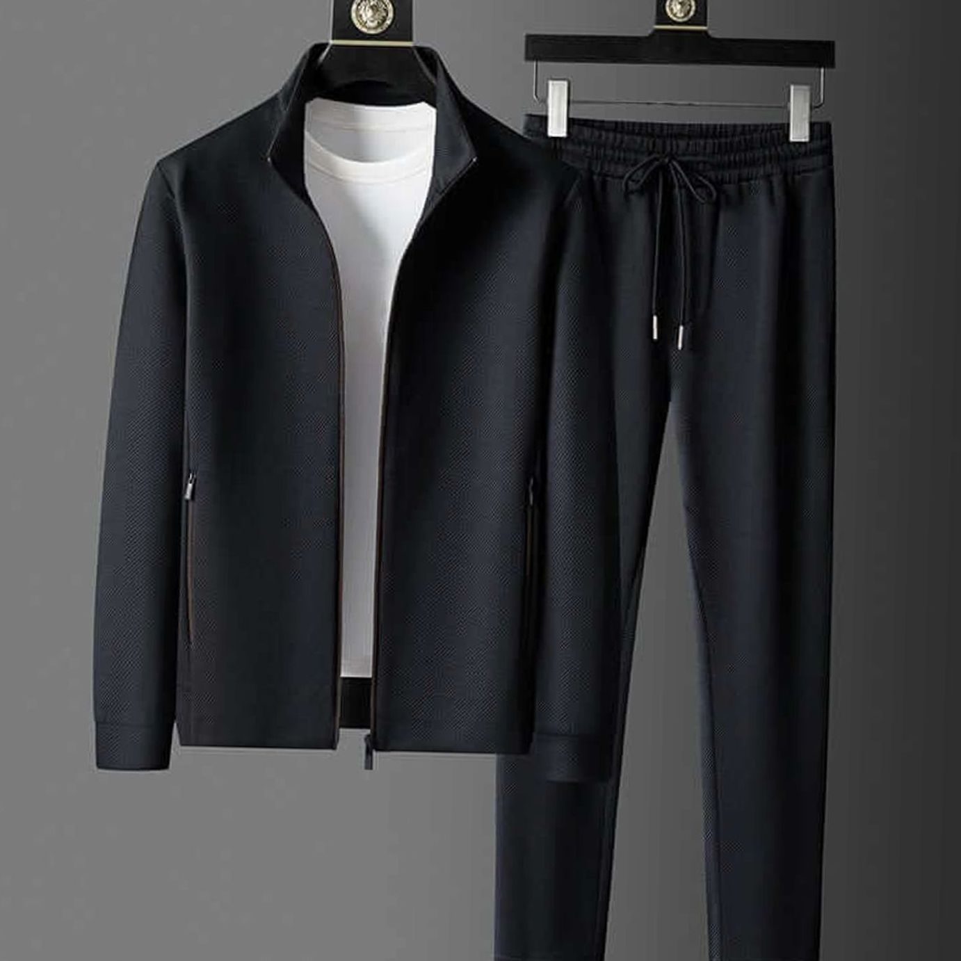 Men's Classic Two-Piece Zip-Up Tapered Activewear Suit - Black
