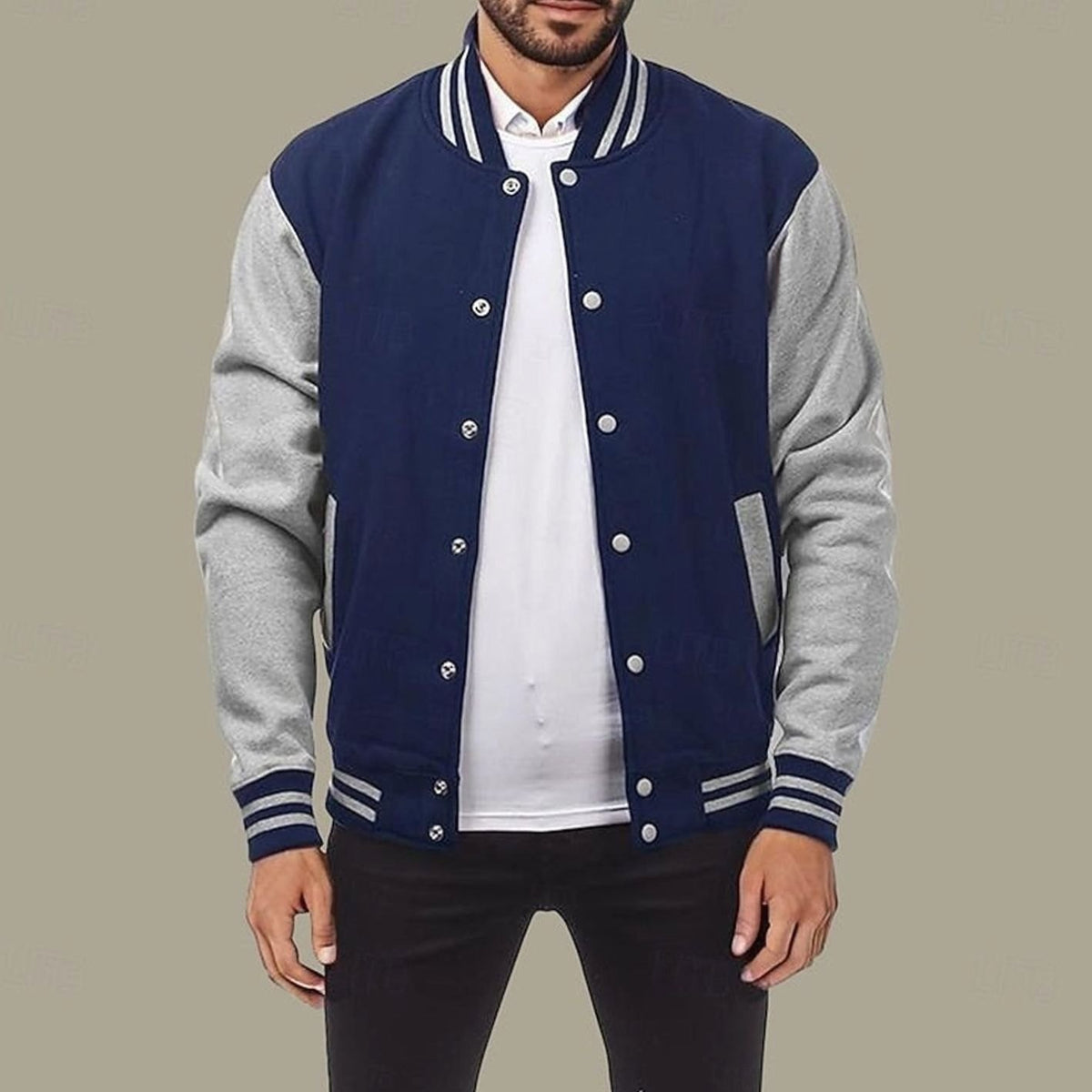 Men's Classic Varsity Bomber Jacket Ribbed Snap-Button