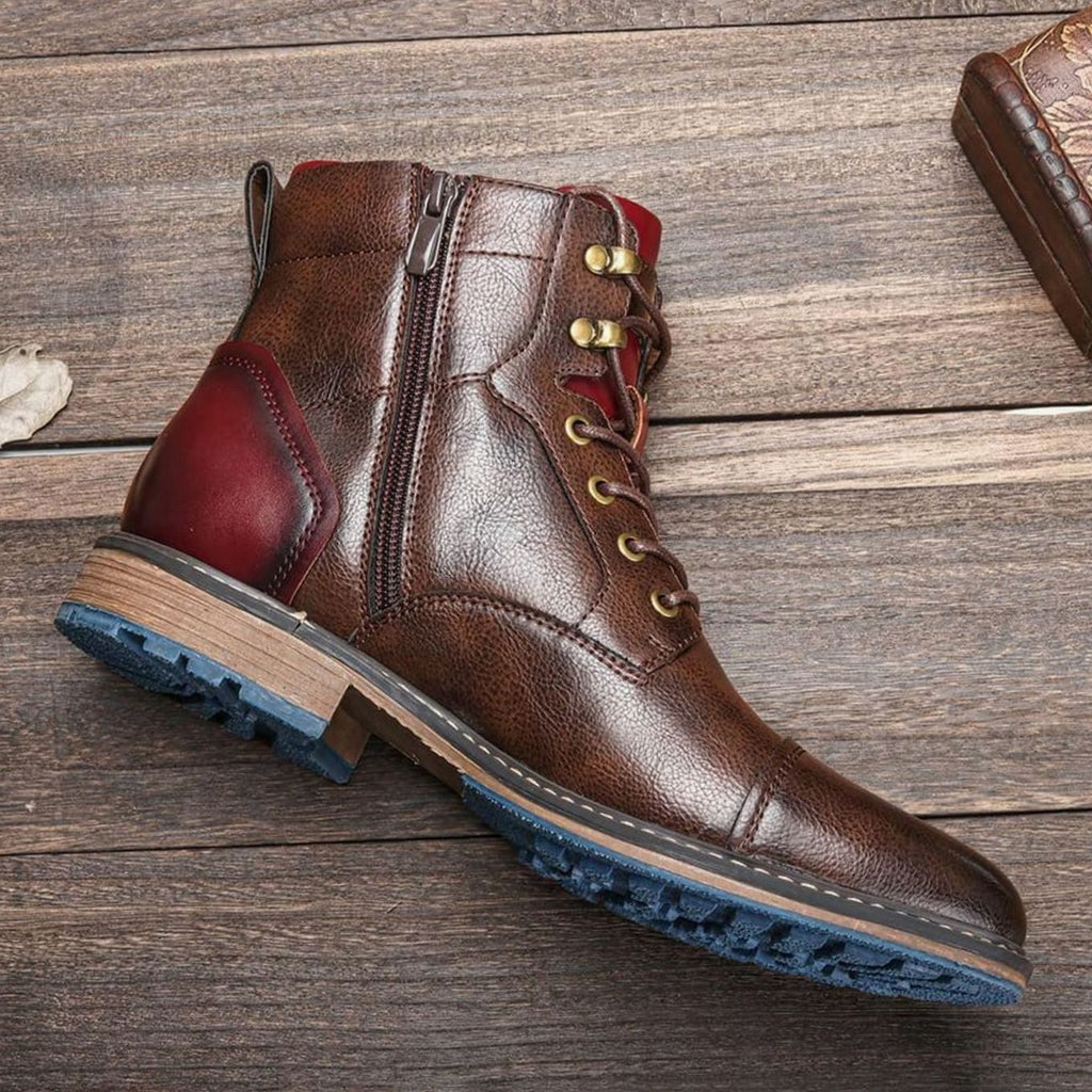 Men's Classic Zip Lace-Up Cap-Toe Leather Ankle Boots