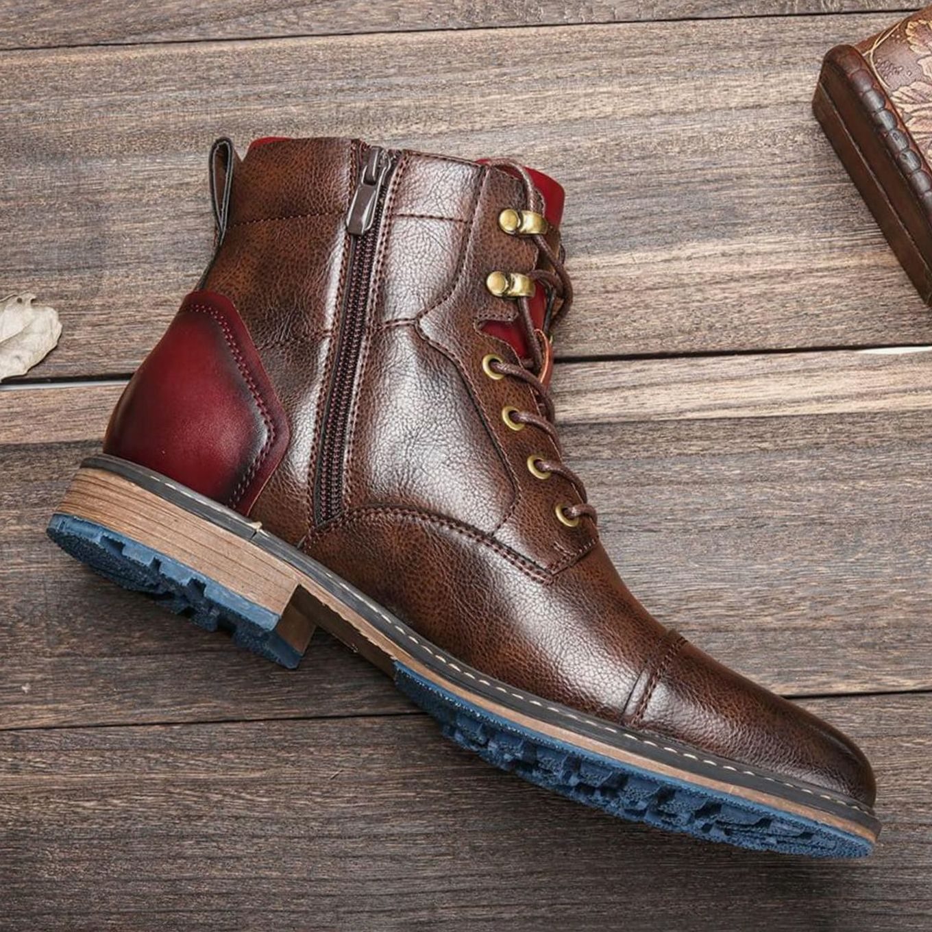 Men's Classic Zip Lace-Up Cap-Toe Leather Ankle Boots