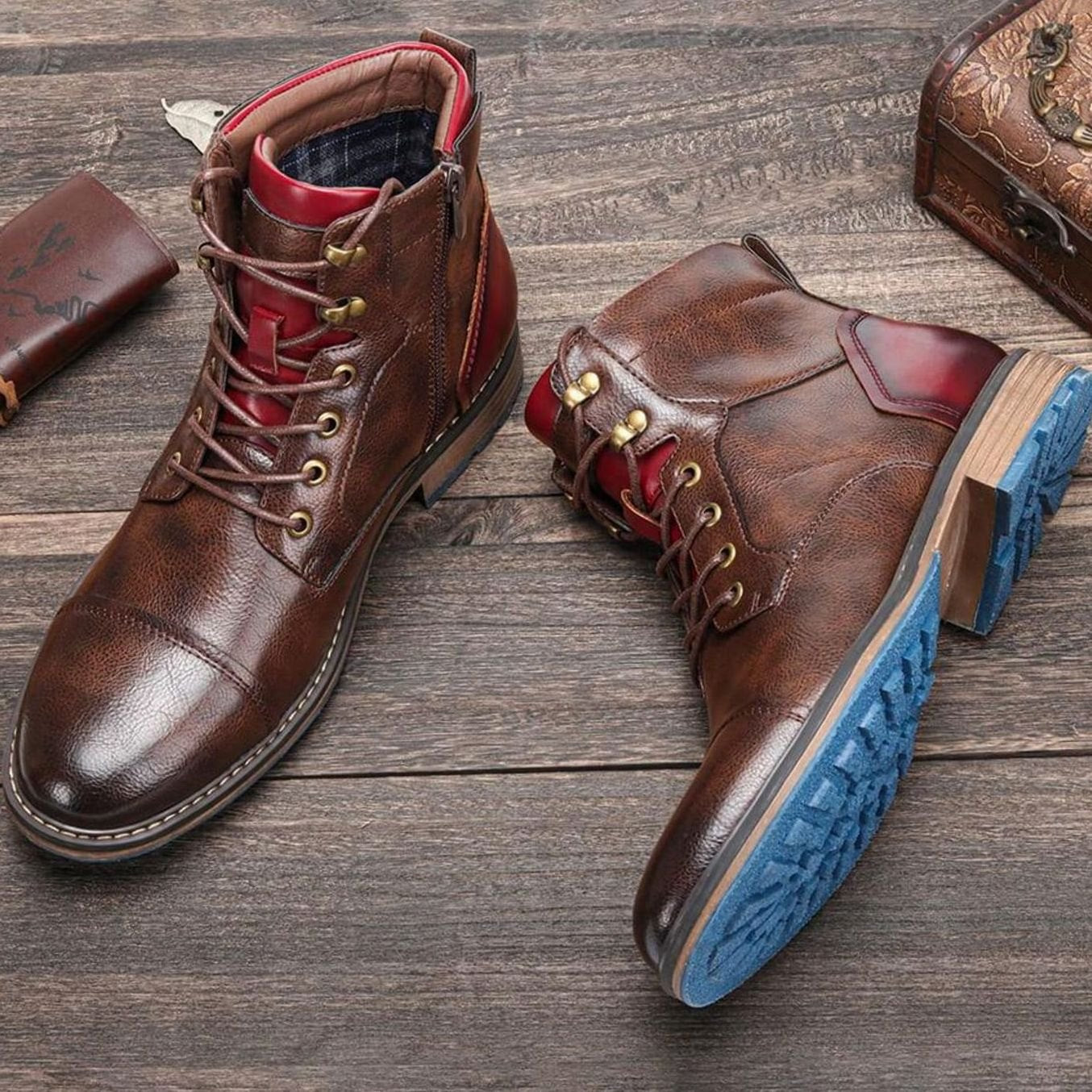 Men's Classic Zip Lace-Up Cap-Toe Leather Ankle Boots