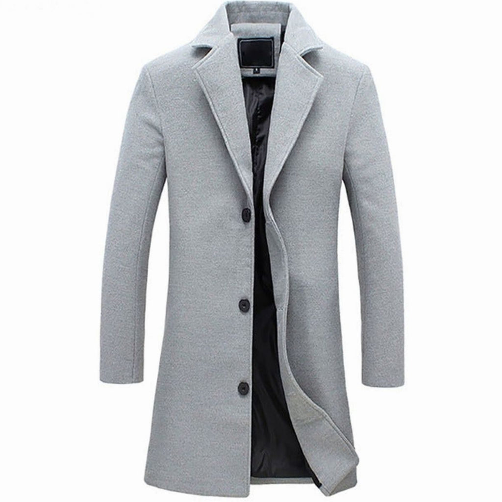 Men's Cold Weather Tailored Single-Breasted Long Wool-Blend Overcoat - Grey