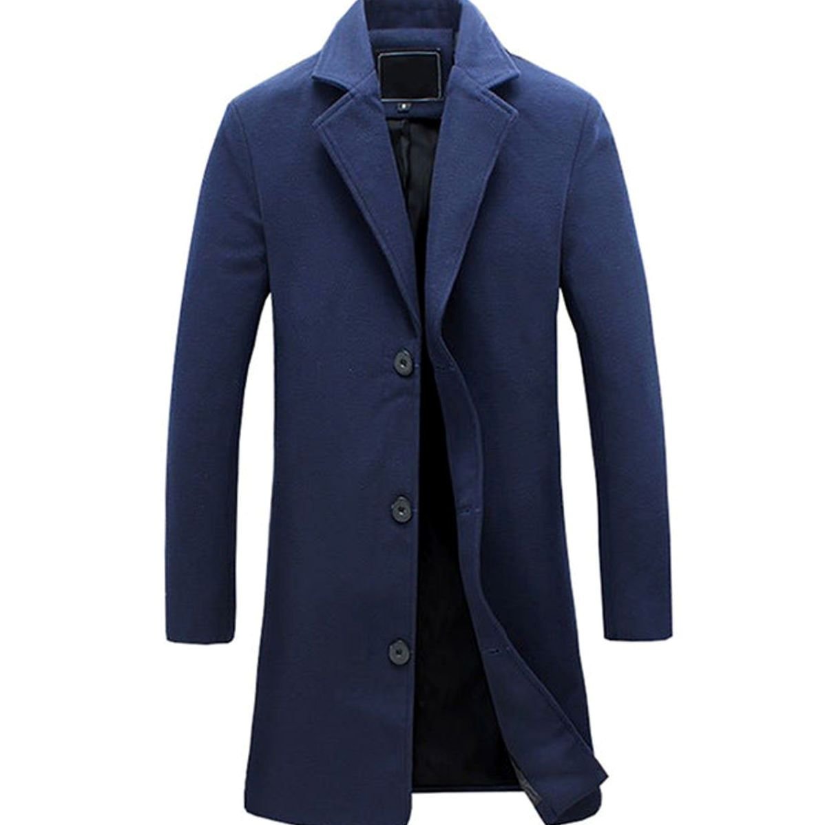 Men's Cold Weather Tailored Single-Breasted Long Wool-Blend Overcoat - Navy Blue