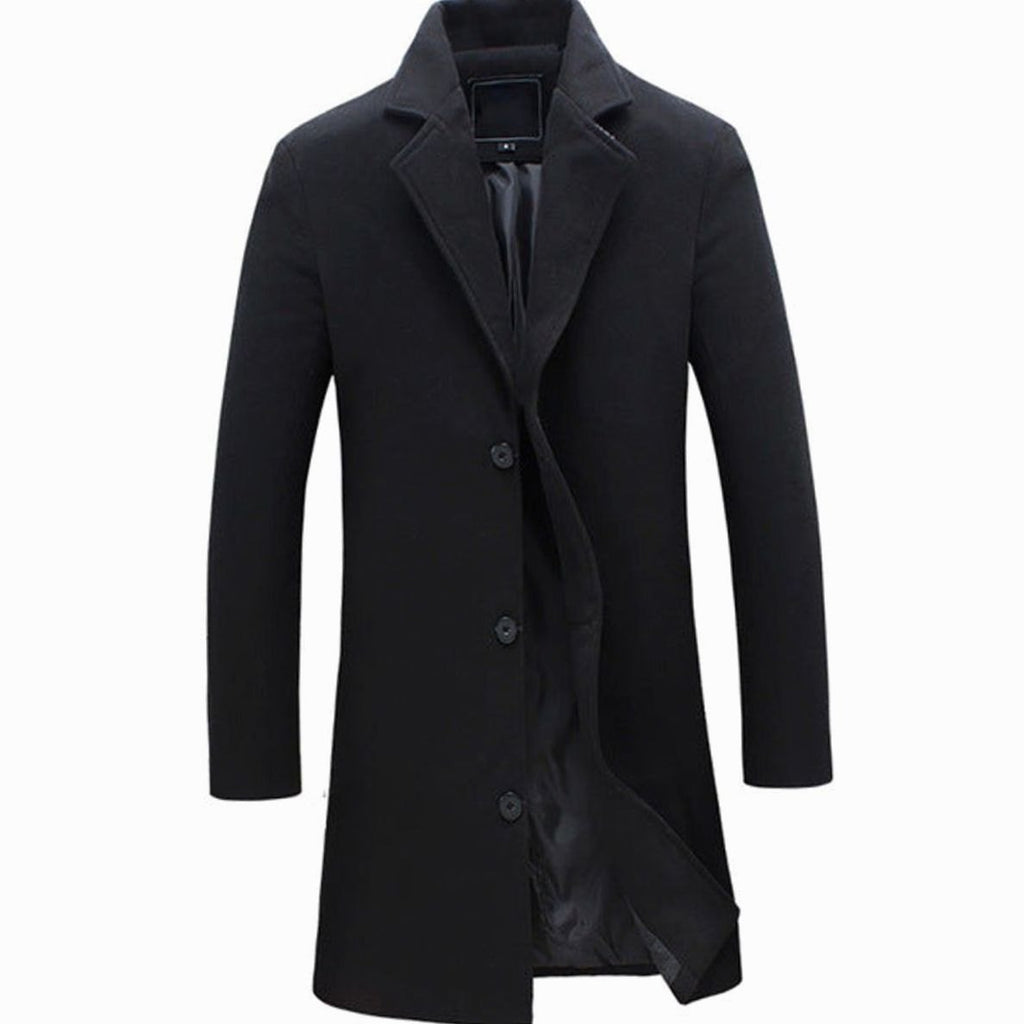 Men's Cold Weather Tailored Single-Breasted Long Wool-Blend Overcoat - Black