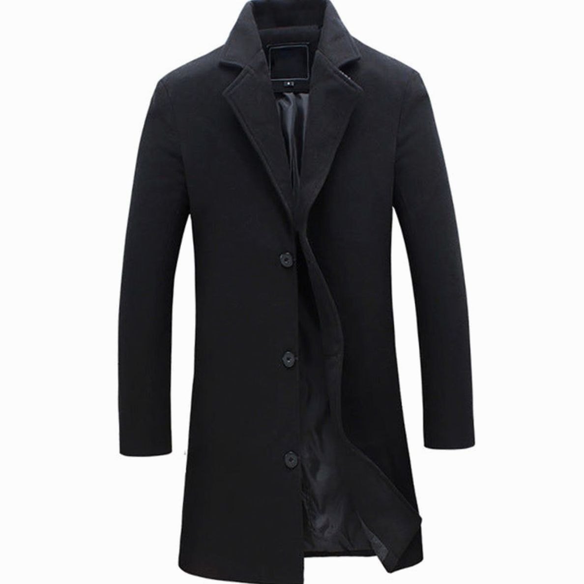Men's Cold Weather Tailored Single-Breasted Long Wool-Blend Overcoat - Black