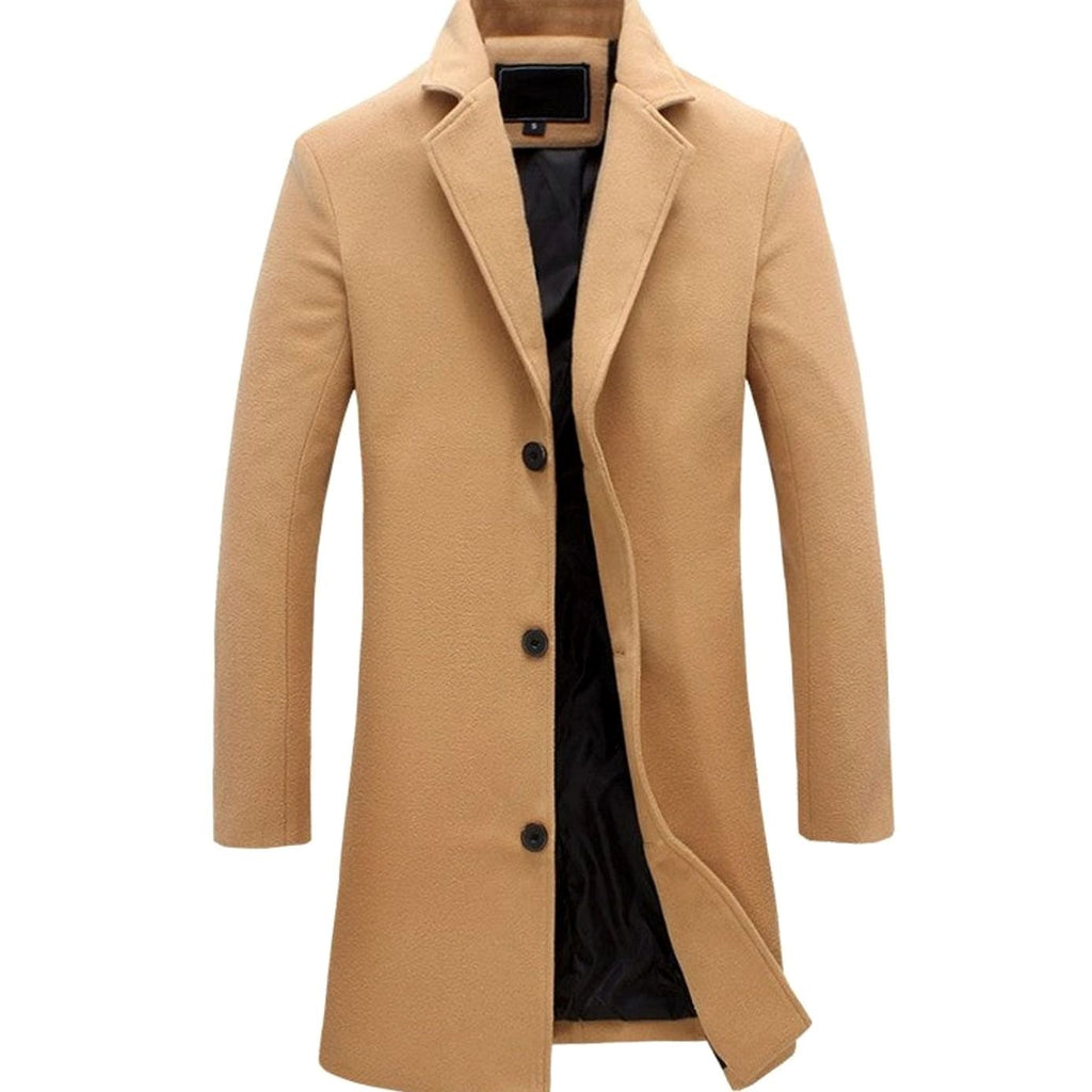 Men's Cold Weather Tailored Single-Breasted Long Wool-Blend Overcoat - Khaki