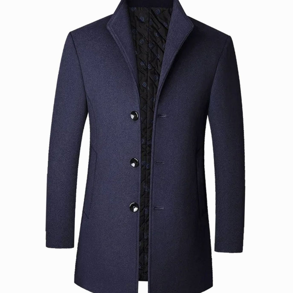 Men's Cold Weather Wool Blend Single-Breasted Overcoat - Navy Blue