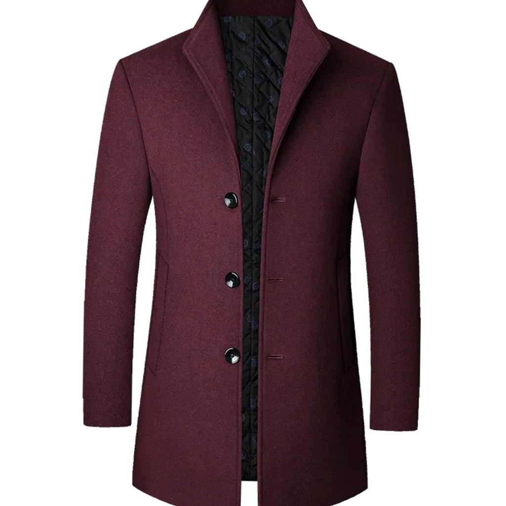 Men's Cold Weather Wool Blend Single-Breasted Overcoat - Burgundy