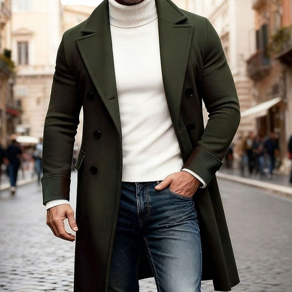 Men's Double-Breasted Long Wool Overcoat Tailored Fit - Army Green