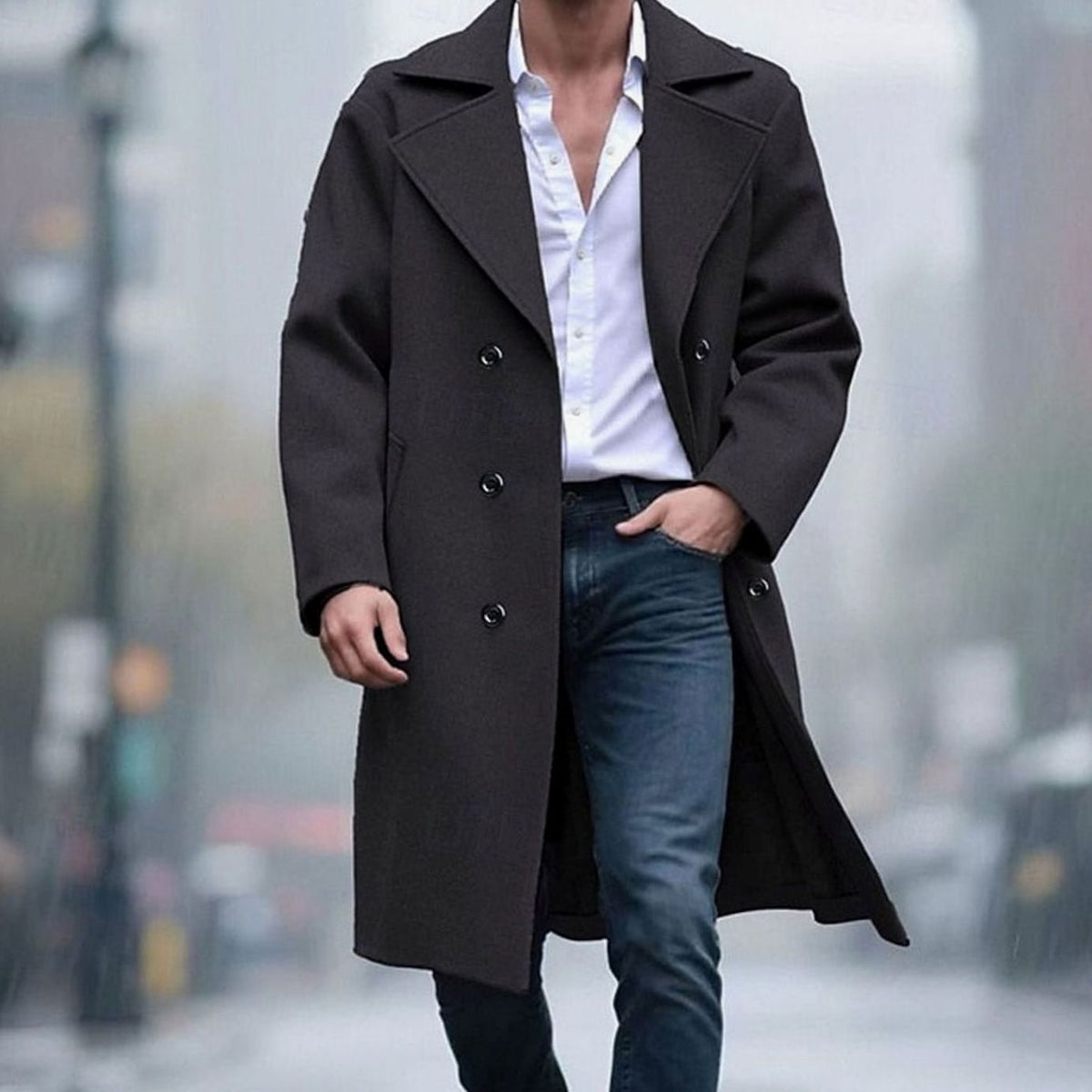 Men's Double-Breasted Tailored Long Wool Coat