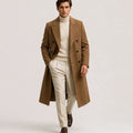 Men's Double-Breasted Wool Overcoat Notched Lapel Long Coat - Khaki