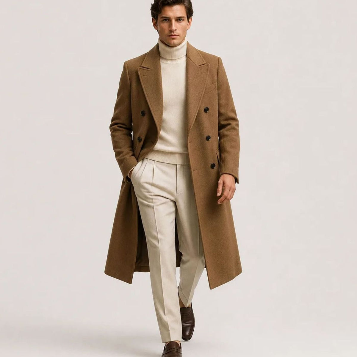 Men's Double-Breasted Wool Overcoat Notched Lapel Long Coat - Khaki