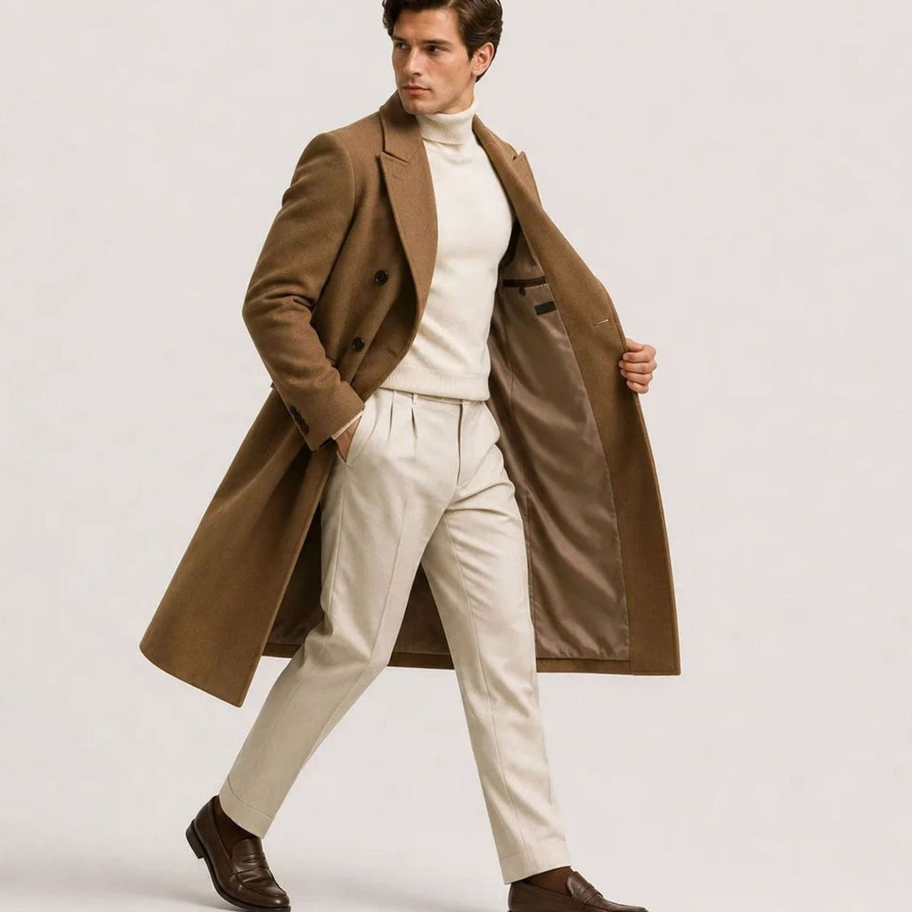 Men's Double-Breasted Wool Overcoat Notched Lapel Long Coat
