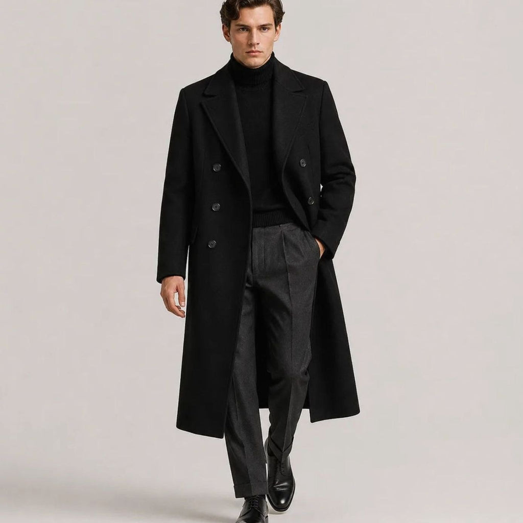 Men's Double-Breasted Wool Overcoat Notched Lapel Long Coat - Black
