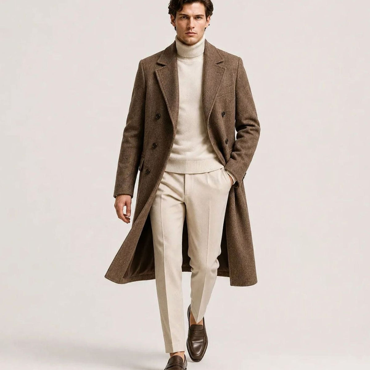Men's Double-Breasted Wool Overcoat Notched Lapel Long Coat - Brown