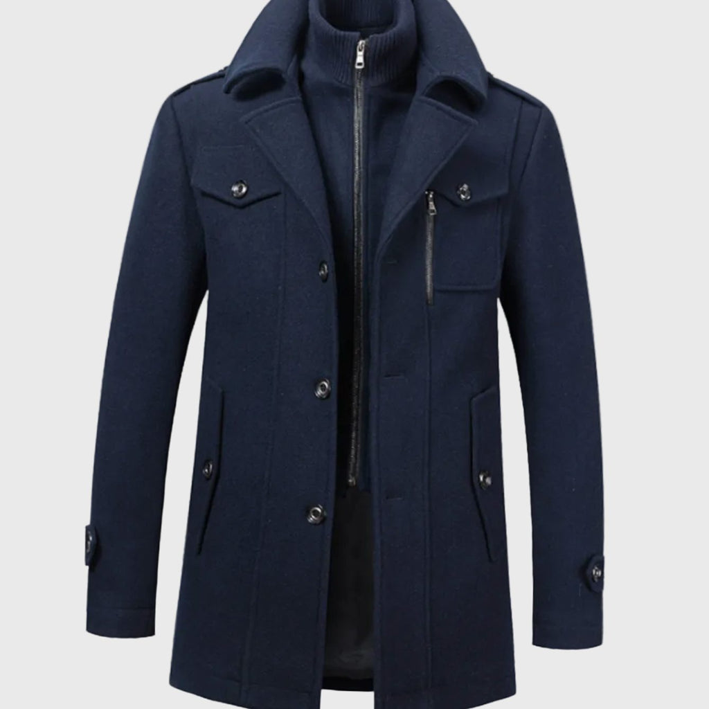 Men's Double-Layer Notch-Collar Button-Front Wool-Blend Overcoat - Dark Blue
