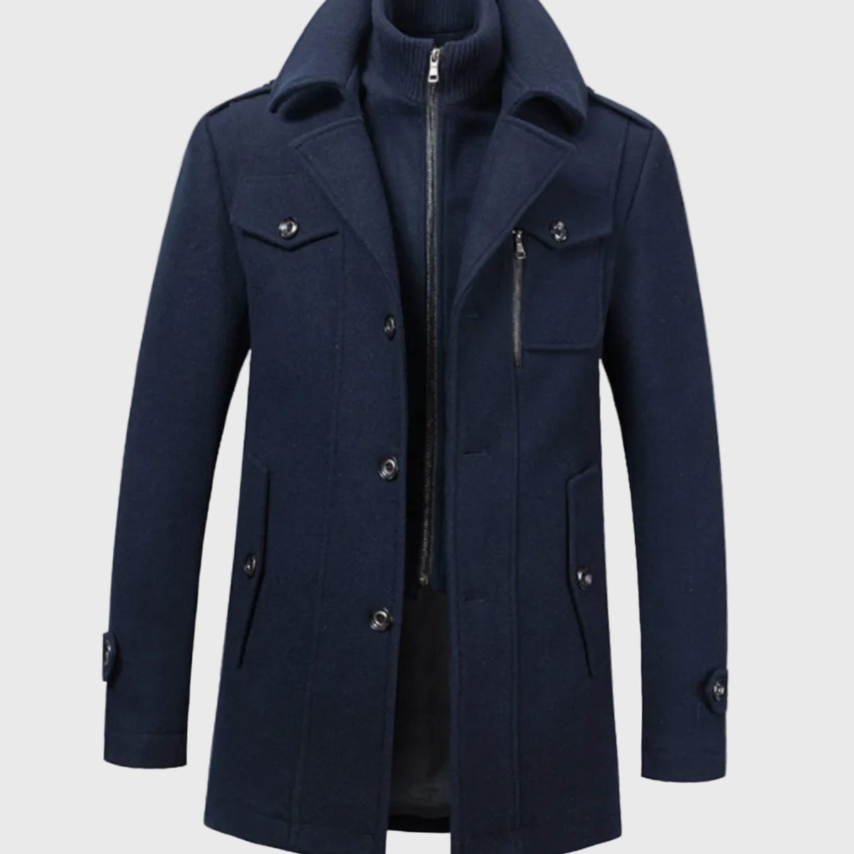 Men's Double-Layer Notch-Collar Button-Front Wool-Blend Overcoat - Dark Blue