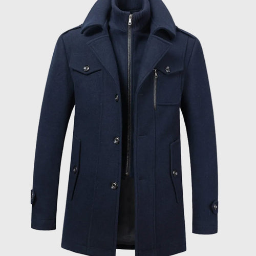 Men's Double-Layer Notch-Collar Button-Front Wool-Blend Overcoat - Dark Blue